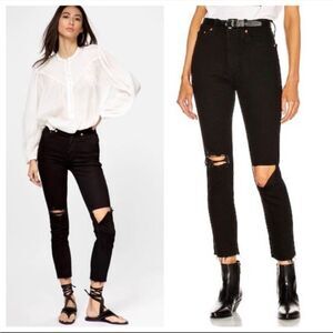 Redone Re/Done Jeans 90s High Rise Ankle Crop Ripped Jet Black with Rips 26”